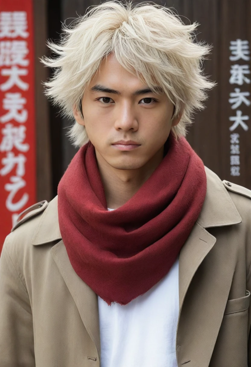 1man, perfect face, Young Japanese man wearing a red scarf and a somewhat old and worn brown jacket, best quality ,masterpiece, illustration, extremely detailed ,CG ,unity ,8k wallpaper, Amazing, finely detail, masterpiece,best quality,official art,extremely detailed CG unity 8k wallpaper,absurdres, incredibly absurdres, huge filesize, ultra-detailed, highres, extremely detailed, messy hair, japanese boy, japan young man, completely white t-shirt, battered red scarf, ryoma nagare, cream coat, white hair, 18yo, 18 years old, age 18,
