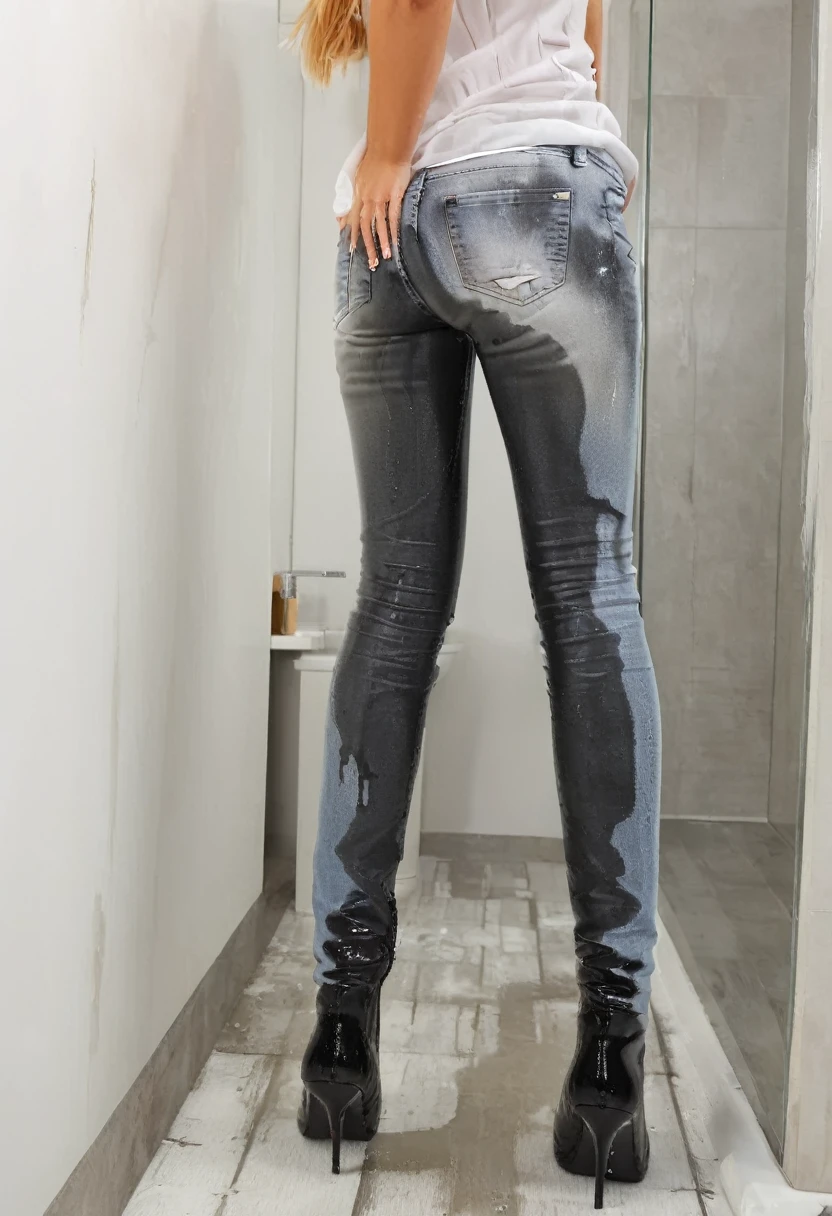 (((rear view))), attractive blonde woman wearing skinny jeans, high heel boots, white blouse, standing in a bathroom,  wetting, big smile, pee stains are gleaming wet,  (((rear view)))