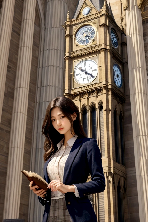 Beautiful woman holding a book standing in front of the clock tower,