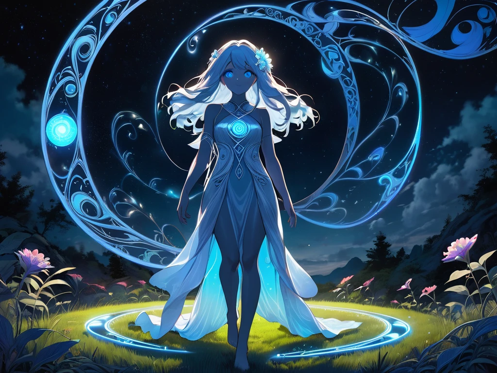 Full body. Enchanted witch encountering an alien life form, Magic ghost flower from the abyss, Lit by bioluminescent plants, Very detailed, Glowing lawn, Art Nouveau influences, Amazing moon art. (Hair with luminescence), (detailed pearl blue eye), goddess soul, (Magic Swirl Style), looking at the viewer, detailed face, bare feet. Wide and deep scenery, several planes of depth, cinematic and dynamic scene, epic atmosphere. (Luminescent Lighting Magic Circle Theme), perched on a ledge, tight neon body, light stripes, dark abyssal wanderer, (Luminescent Neon Long Dress with Celtic Details), inscribed with mystical runes, dystopian outdoor background.
