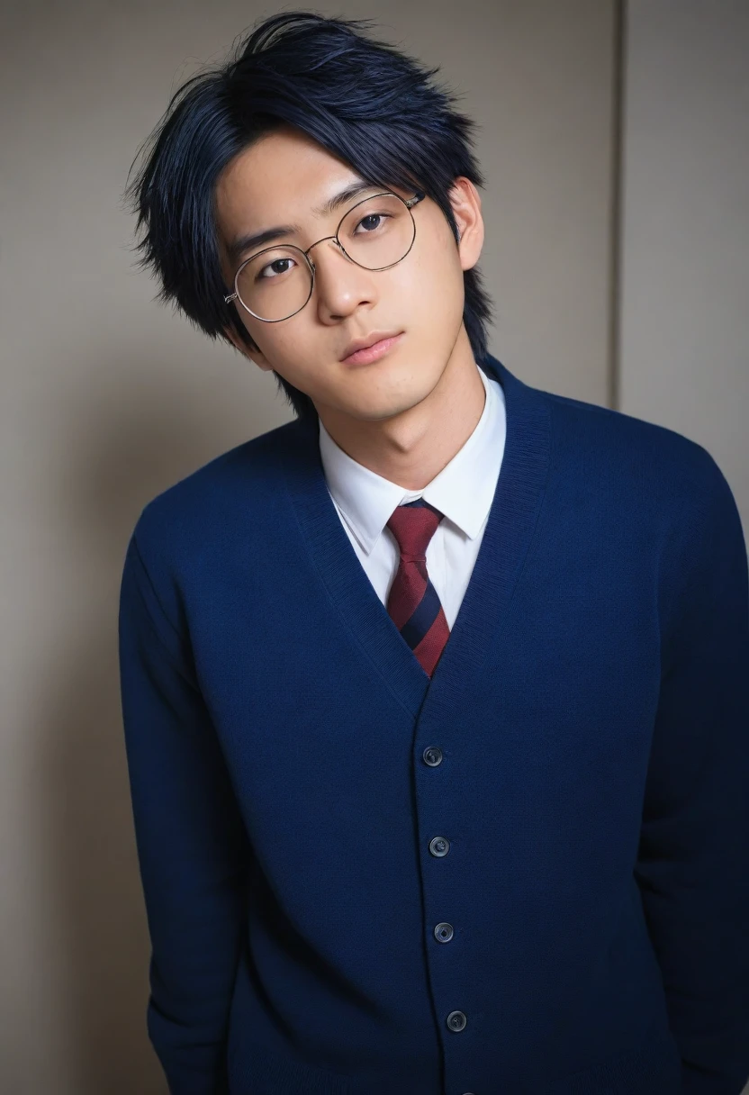 dark blue hair, hair between eyes, messy hair, raised eyebrows, half-closed eye, 8k, super detail, ccurate, best quality, full body close-up shot, japanese boy, japanese student, student clothes, glasses, 1man, perfect face, best quality ,masterpiece, illustration, extremely detailed ,CG ,unity ,8k wallpaper, Amazing, finely detail, masterpiece,best quality,official art,extremely detailed CG unity 8k wallpaper,absurdres, incredibly absurdres, huge filesize, ultra-detailed, highres, extremely detailed, (handsome muscular high school boy in the classroom of high school), He is wearing a red cardigan and a tie, Dark blue suit
