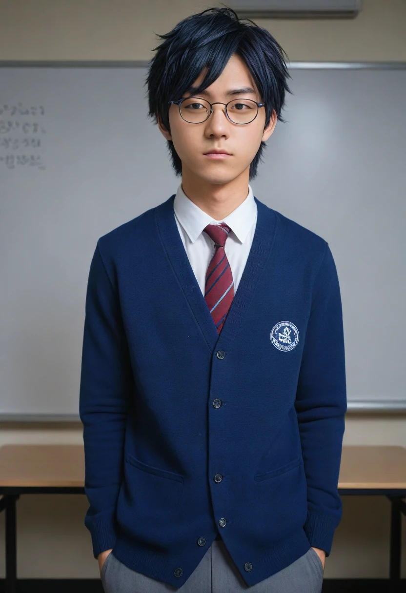 dark blue hair, hair between eyes, messy hair, raised eyebrows, half-closed eye, 8k, super detail, ccurate, best quality, full body close-up shot, japanese boy, japanese student, student clothes, glasses, 1man, perfect face, best quality ,masterpiece, illustration, extremely detailed ,CG ,unity ,8k wallpaper, Amazing, finely detail, masterpiece,best quality,official art,extremely detailed CG unity 8k wallpaper,absurdres, incredibly absurdres, huge filesize, ultra-detailed, highres, extremely detailed, (handsome muscular high school boy in the classroom of high school), He is wearing a red cardigan and a tie, Dark blue suit
