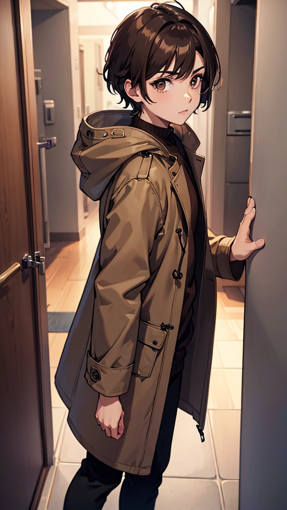 Male, Robes Parka coat, short brown hair, brown eyes 8k ultra reality