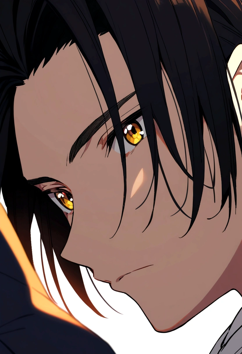 anime , yellow eyes, white shirt, black hair.