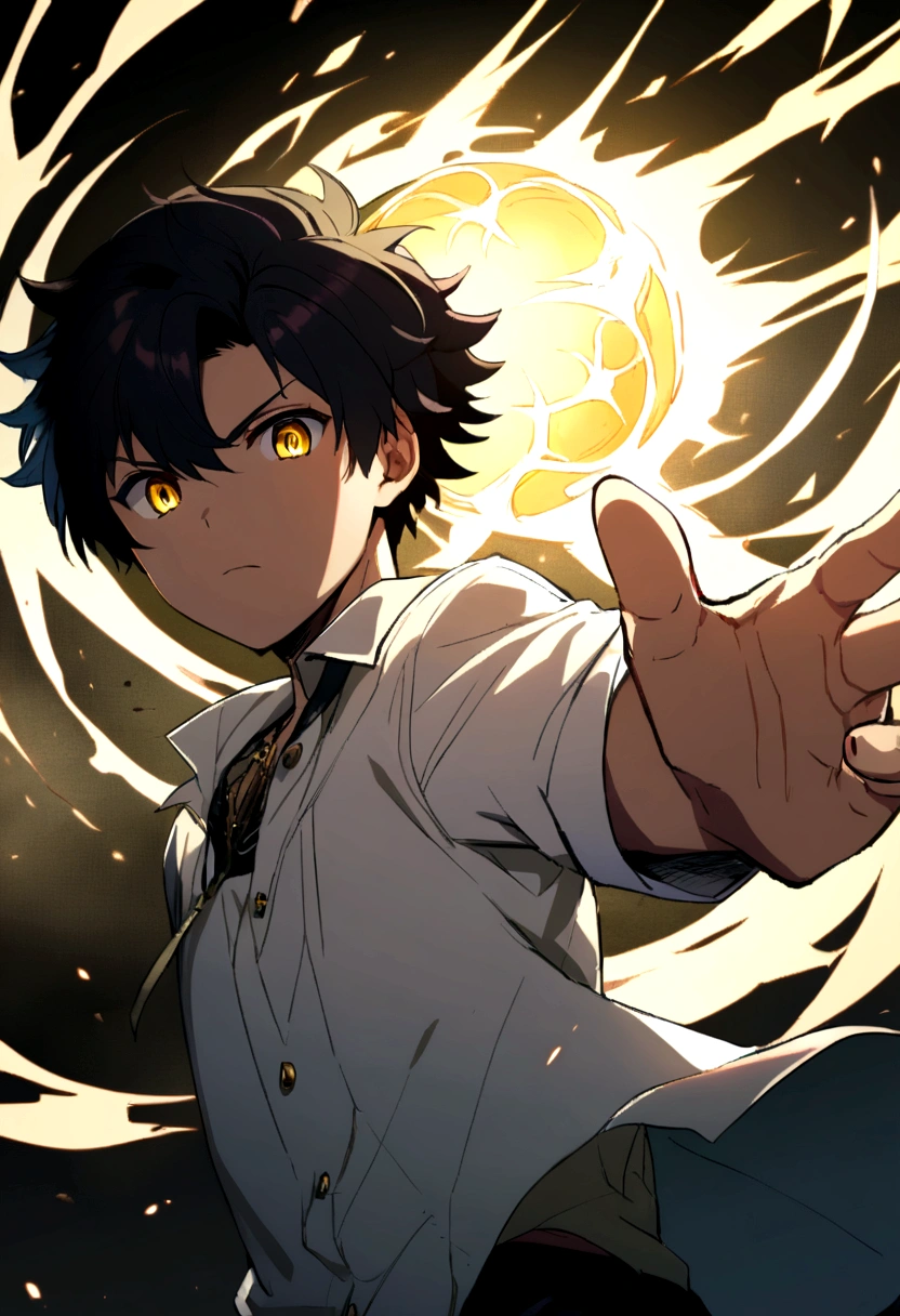 anime teen boy, yellow eyes, white shirt, black hair.