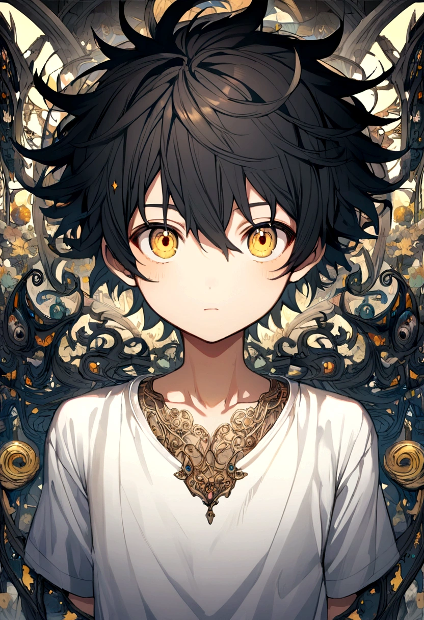 anime teen boy, yellow eyes, white shirt, black hair.