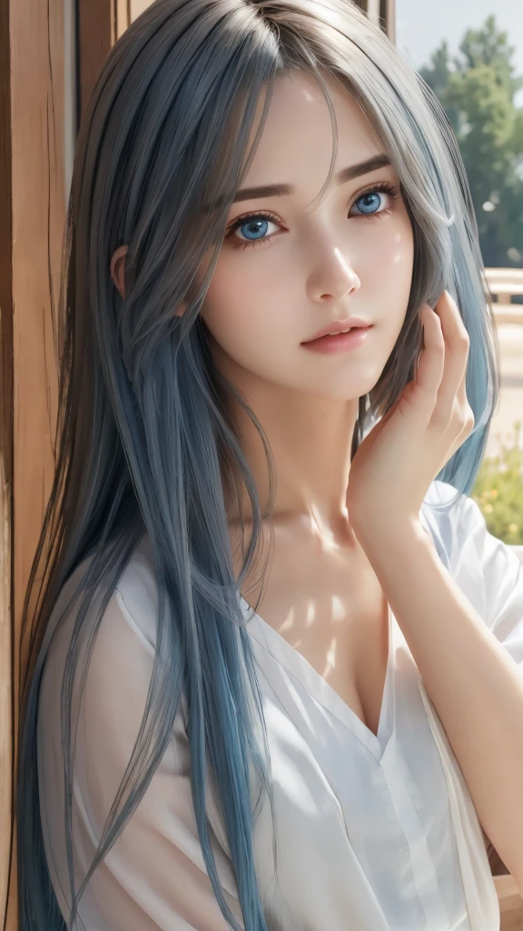 Photorealistic, highest quality, Highest quality, masterpiece, Ultra-high resolution, Raw photo, Realistic, Bright lighting, Face Light, Smooth Professional Lighting, Looking at the camera, alone, Adult women, Beautiful woman, Super Beauty, Realistic肌, Moisturized Skin, Realistic eyes and faces, Perfect model body shape, Beautiful Eyes, Big eyes, Inconspicuous tear bags, slim, Medium sized breasts, Beautiful fingers, Very long hair, blue Hair, gray eye, seems to be happy, Cowboy Shot, (Both ears are hidden in the hair), (((saint))), Fantasy World, Morning Porch,