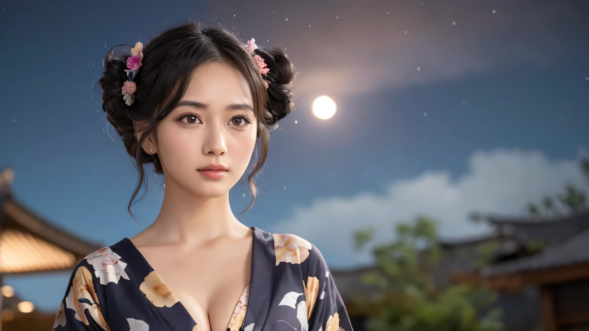 (1women), Updo hairstyle, (round eyes:1.2), (highly detailed face), (extremely detailed beautiful face), (floral pattern yukata), cleavage, (Best Quality:1.4), (Ultra-detailed), extremely detailed CG unified 8k wallpaper, Realistic portrait, Beautiful detailed, High-definition raw color photos, professional photography, night sky, beautiful milky way, (fine face:1.2), focus on women, tanabata, 