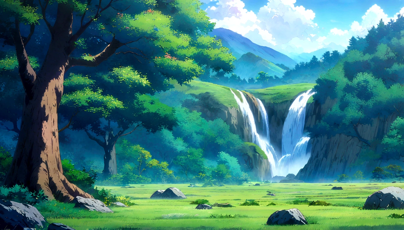 
anime - style painting of a tree in a grassy field with rocks, anime countryside landscape, anime landscape, anime landscape wallpaper, anime background art, beautiful anime scenery, anime background, anime beautiful peace scene, anime scenery, anime movie background, anime nature, anime scenery concept art, colorful anime movie background, beautiful anime scene, anime scene, beautiful landscape background