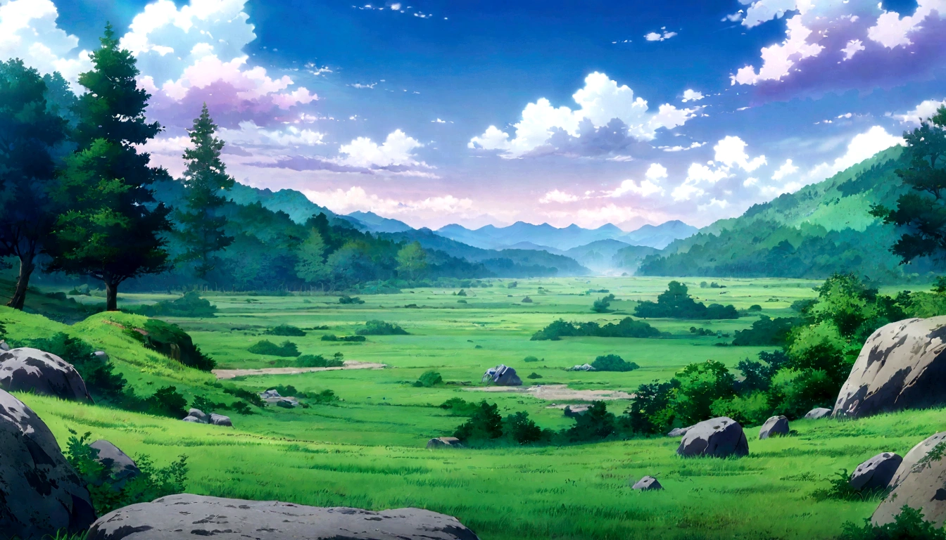 
anime - style painting of a tree in a grassy field with rocks, anime countryside landscape, anime landscape, anime landscape wallpaper, anime background art, beautiful anime scenery, anime background, anime beautiful peace scene, anime scenery, anime movie background, anime nature, anime scenery concept art, colorful anime movie background, beautiful anime scene, anime scene, beautiful landscape background