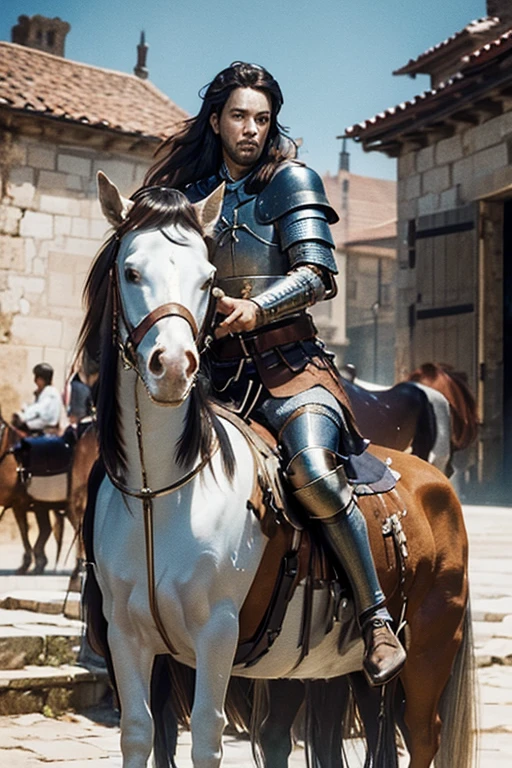 realist, (Masterpiece, Superior quality, Best Quality, Official Art, beautiful and aesthetic:1.2), cantonflas with long hair wearing medieval armor and riding a horse