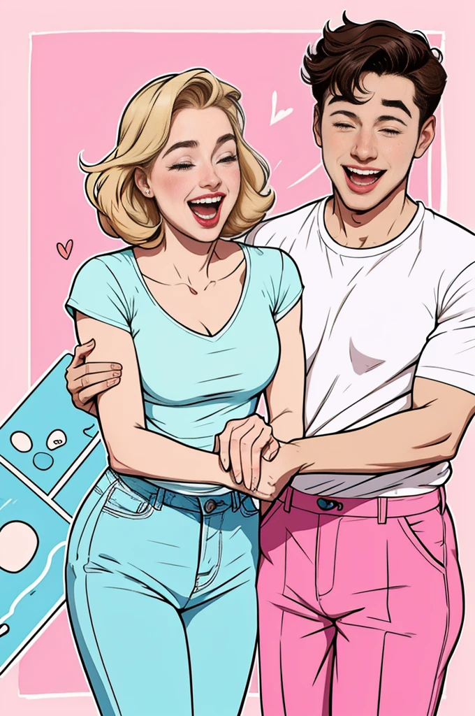 Heartwarming poster for TV show Heartstopper, featuring Nick and Charlie, central position, laughing, connecting, soft pastel background, --ar 4:3