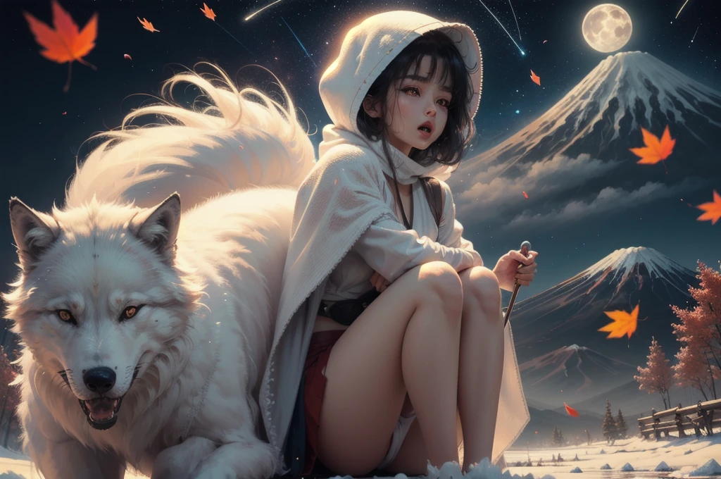 by Wlop,masterpiece, best quality, 8k, UHD, HDR, ultra high res, exquisitely detailed, super detailed, extremely detailed CG, ultra-detailed, best shadow, detailed background, natural lighting, dramatic lighting, high contrast, best illumination, extremely delicate and beautiful, volumetric light, ray tracing, sharp, ultra sharp, extremely sharp, realistic, photo realistic, raw photo, dynamic angle ((((1girl, black mini skirt, bloody white cloth, princessmononoke wearing a white fluffy hood)))) ((((riding on a giant shiny silver white long haired furry wolf with long tails)))) ((wolf open mouth with sharp teeth, girl leans front and carrying a long bloody sharp spear on her back, dark red mask on top of the hood)), beautiful young woman, exquisitely beautiful detailed face, exquisitely beautiful detailed eyes, ((illuminating bloody red eyes)), makeup, melancholic sadness, cute pink lips, glossy lips, timeless elegance, eyelashes, enchanting gaze, ((luminous white shiny skin, flawless white skin)), perfect body, slender and graceful figure, glowing eyes, narrow waist, slim body, small breasts, slim thighs, legs with no muscle, slim legs, rim lighting, perfect ratio, golden ratio, rule of thirds, colorful background, detailed background, colorful flames, colorful glow, colorful light particles, light rays, ((flowers, sakura, momiji, red maples, yellow maples, falling autumn leaves, many flying petals)), four seasons in one shot, four seasons special effects, trees, ((fujisan, snow mountain, big and clear moon, stars, shooting stars)), river, beautiful water reflection, stones and rocks,