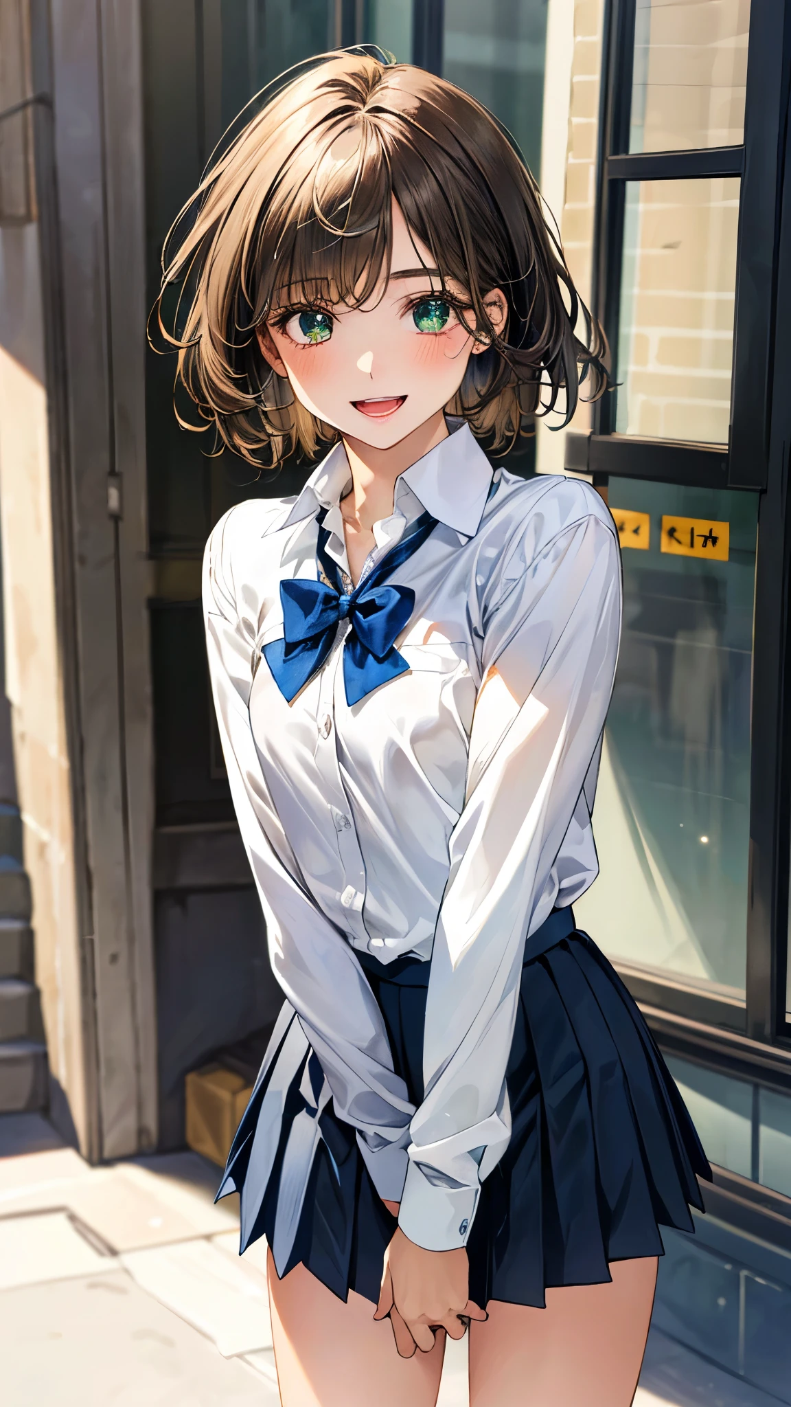 (masterpiece:1.3, top-quality, ultra high res, ultra detailed), (realistic, photorealistic:1.3), beautiful illustration, perfect lighting, natural lighting, colorful, depth of fields, ,
beautiful detailed hair, beautiful detailed face, beautiful detailed eyes, beautiful clavicle, beautiful body, beautiful chest, beautiful thigh, beautiful legs, beautiful fingers, shiny skin,
looking at viewer, 1 girl, junior high school girl, 12 years old, (perfect anatomy, anatomically correct, super detailed skin), cute and symmetrical face, babyface, perfect face, perfect eyes, ,
(short hair:1.7, lob hair, sideburns:1.4, light brown hair), bangs, emerald green eyes, big eyes, long eye lasher, (medium breasts, seductive thighs), slender, skin dendation,
(detailed cloth texture, long sleeve white collared shirt, dark blue bow tie, dark blue pleated skirt:1.2), ,
(beautiful scenery), summer, evening, (downtown:1.2), standing, (brother complex), (lovely smile, upper eyes, open mouth small),