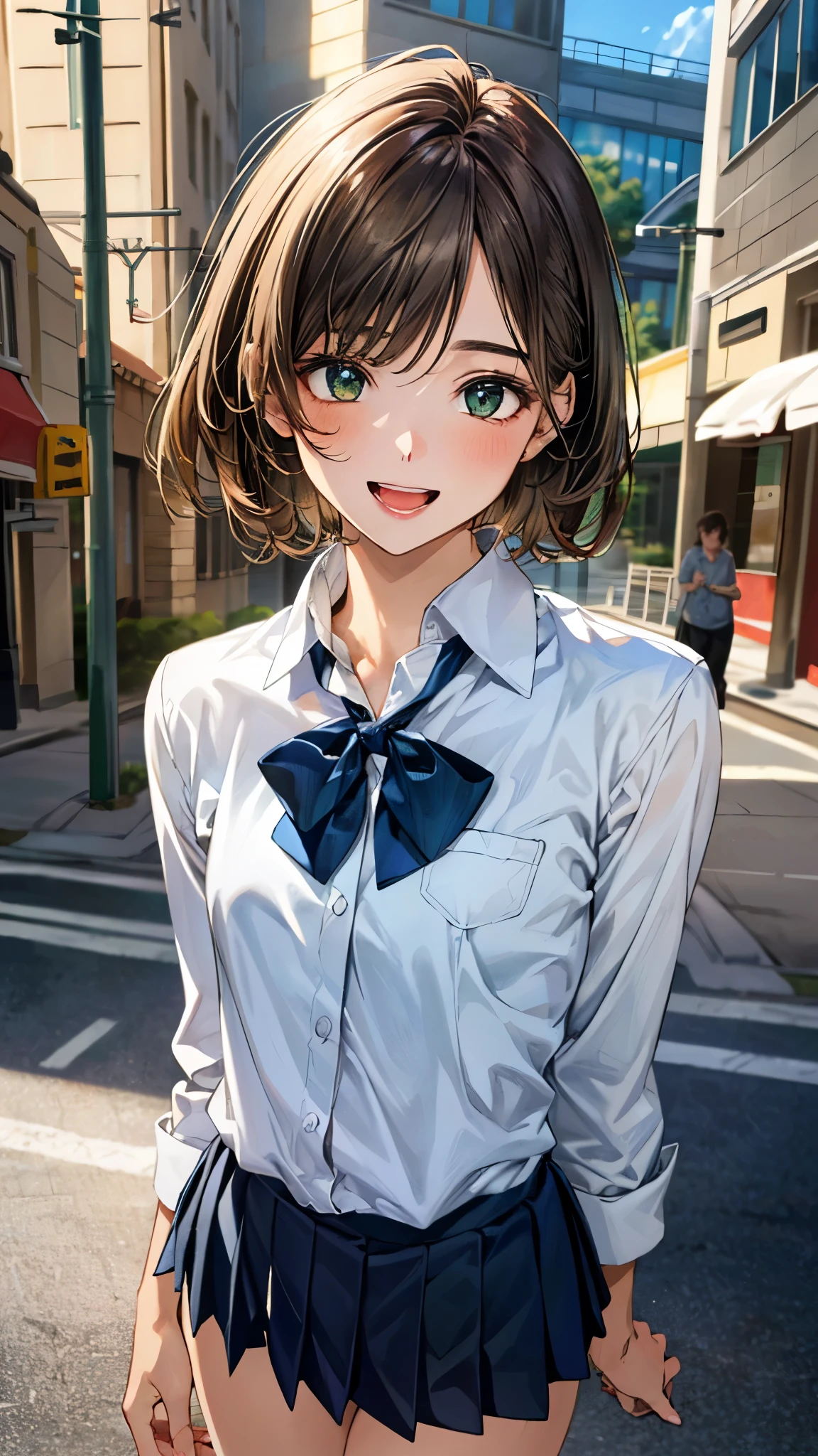 (masterpiece:1.3, top-quality, ultra high res, ultra detailed), (realistic, photorealistic:1.3), beautiful illustration, perfect lighting, natural lighting, colorful, depth of fields, ,
beautiful detailed hair, beautiful detailed face, beautiful detailed eyes, beautiful clavicle, beautiful body, beautiful chest, beautiful thigh, beautiful legs, beautiful fingers, shiny skin,
looking at viewer, 1 girl, junior high school girl, , (perfect anatomy, anatomically correct, super detailed skin), cute and symmetrical face, babyface, perfect face, perfect eyes, ,
(short hair:1.7, lob hair, sideburns:1.4, light brown hair), bangs, emerald green eyes, big eyes, long eye lasher, (medium breasts, seductive thighs), slender, skin dendation,
(detailed cloth texture, long sleeve white collared shirt, dark blue bow tie, dark blue pleated skirt:1.2), ,
(beautiful scenery), summer, evening, (downtown:1.2), standing, (brother complex), (lovely smile, upper eyes, open mouth small),