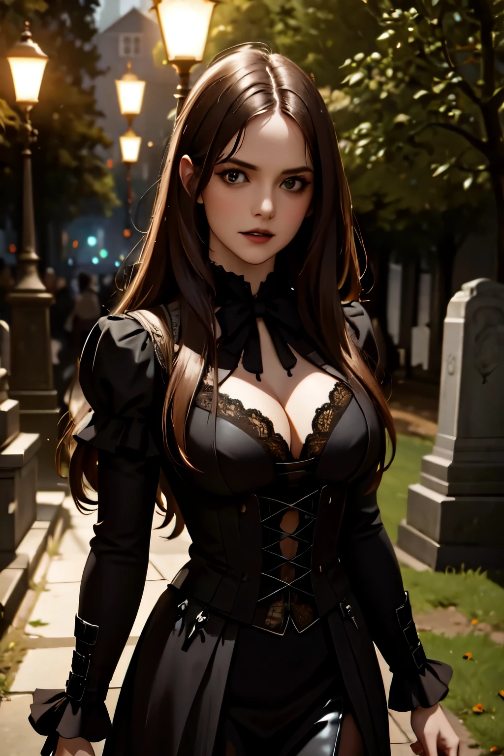 Cinematic, Vampire slayers, walks in an Gothic cemetery at night wearing a gothic steampunk fashion dress, fog and rainy condition, ghostly atmosphere, 1800s, (high skin detail: 1.2), ultra-detailed, photo-realistic, depth of field, cinematic lighting, IMAX camera, HDR, DTM, Full HD, 8k , captured in ultra high resolution with photorealistic and beautiful lighting. This masterpiece is of the best quality and is set against a zentangle abstract background (weighted at 1.4).
