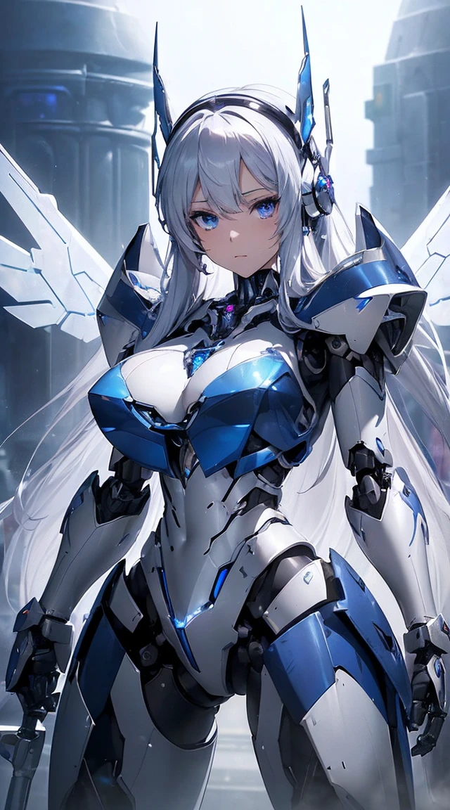 ((Intense action pose:1.6))、((Shining lenses on both breasts:1.3))、((Blue pillars of light are emanating from both chests.:1.3))、smile、((8K)), ((32k)), ((Highest quality)), ((masterpiece)), ((超A high resolution)), ((Tmasterpiece)), ((Halation:1.4))、((Mechaニカルheadgear:1.2))、((Cyber headphones:1.3))、Fine skin, High quality fabric, Fine metal texture、((Beautiful and dense face))、RAW Photos、Professional, Ultra-fine painting, ((alone)), Beautiful breasts、Highest quality, Very detailed, Very detailed詳細, Finer details, so beautiful, ((Princess Knight Robot:1.2)),  (Joints of machines, Mechanical Limbs:1.3), (The internal structure of the machine is exposed:1.3), (Long silver hair:1.1), (Beautiful and huge mechanical breasts)、White Veil, cowboy_shot, Side Focus, headgear, Shiny、(Five Fingers, Four fingers and thumb),Concept Art, Anime fantasy artwork, Detailed fantasy art, (with pale blue-violet hair and large white wings,,,,,,,), (((Long silver hair))), (Mecha:1.6)、Sleek and intimidating design, ((Commander-in-Chief&#39;arm)), (Perfect robot body)、純白と青紫armまたは, Symmetrical wings, 8K high quality, detailed art, 3D rendering of character art in 8K, neat legs, Defined, Defined fingers,