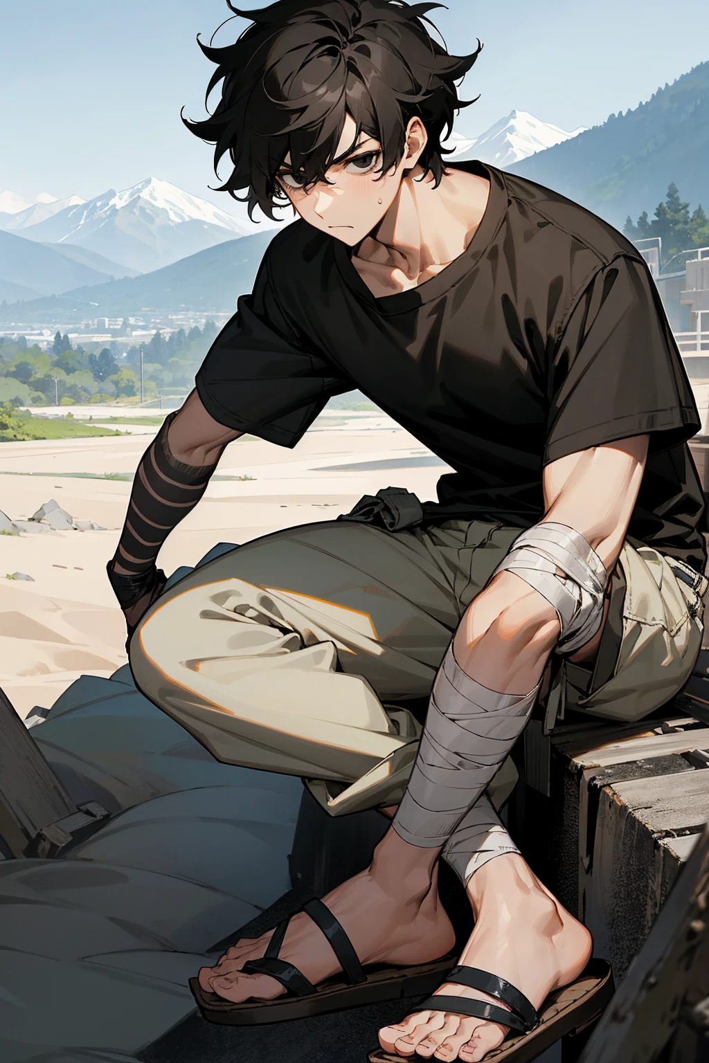 1male , Black Hair , Messy Hair , Low Cut Hair , Serious Expression , Young Male , Black Fitted Shirt , Fully Bandage Wrapped Arm , Sandals , Perfect Generation , Black Eyes , Mountain background , Cargo Shorts , Grey Leg Sleeves