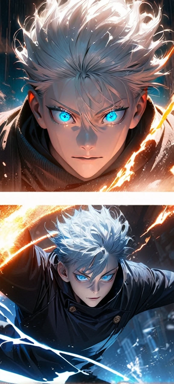  Far view,High quality, ultra realistic,absurdres, highres, ultra detailed, HDR, masterpiece, extremely detailed face and eyes,  Gojo satoru , jujutsu kaisen,, white hair ,black shirt , solo, ,man, handsome, ,white eyeleshes, blue eyes , Epic fight scene, blue splashing effect,blue lightning  effect,glowing glitters , close up,cool eyes, symetrical 