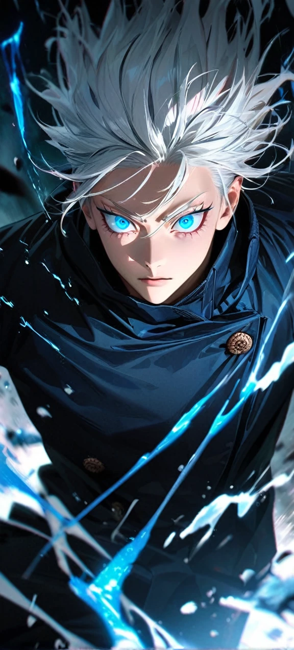  Far view,High quality, ultra realistic,absurdres, highres, ultra detailed, HDR, masterpiece, extremely detailed face and eyes,  Gojo satoru , jujutsu kaisen,, white hair ,black shirt , solo, ,man, handsome, ,white eyeleshes, blue eyes , Epic fight scene, blue splashing effect,blue lightning  effect,glowing glitters , close up,cool eyes, symetrical 