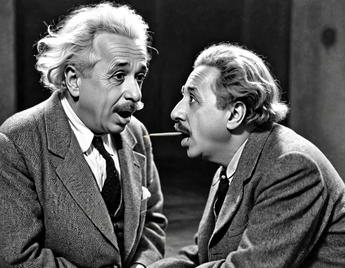scientist Albert Einstein angrily telling him to shut up