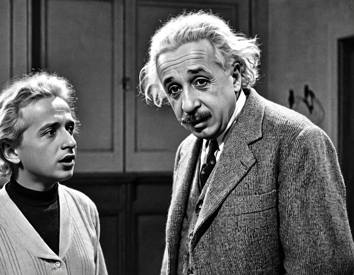 scientist Albert Einstein angrily telling him to shut up