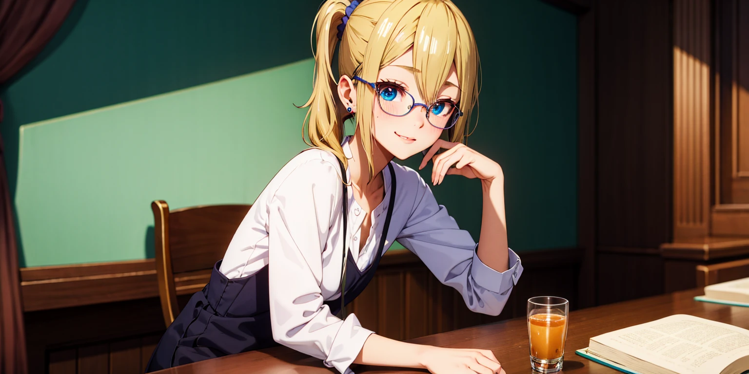 anatomically correct, best quality, masterpiece, high quality, high details, highres, HD, (shaded face:1.2), hollow eyes, dark-blue eyes, looking at viewer, seductive smile, glasses, lips, aihayasakav4, blonde hair, side ponytail, scrunchie, solo, blurry, 1girl, depth_of_field, earrings, blurry_background, small breasts, jewelry, bookshelf, red_eyes, indoors, table, sweater, solo, small_breasts, looking_at_viewer, blurry_foreground, long_sleeves, closed_mouth, bangs, blush, pantyhose, hand_on_own_cheek, sidelocks, breast_rest, ribbed_sweate, 15 years old, teen , escote muestra parte de sus pequeños pechos colgando,holgado, trasero firme