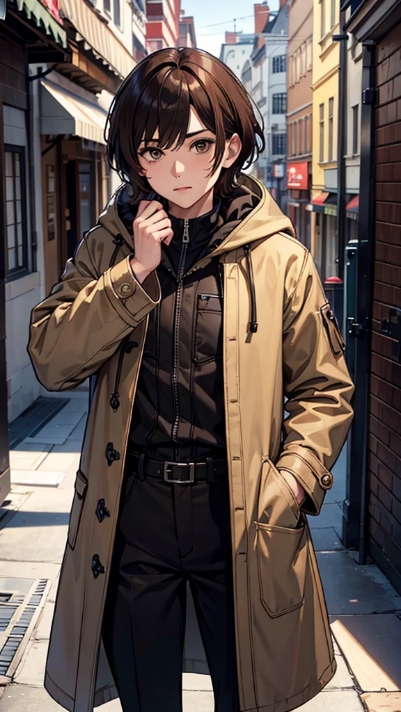 Male, Robes Parka coat, short brown hair, brown eyes 8k ultra reality