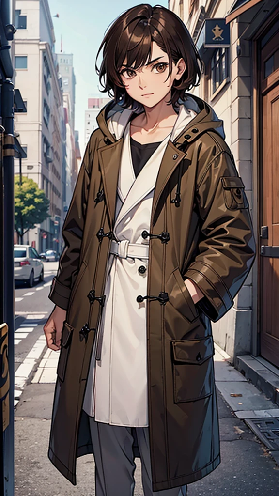 Male, Robes Parka coat, short brown hair, brown eyes 8k ultra reality