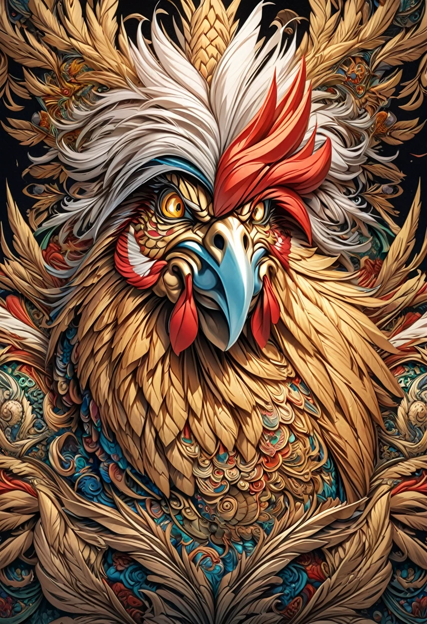 a drawing of a rooster with a flower pattern on its face, Highly detailed and hypnotic, hyper detailed rooster - like face, goldenrooster, incredibly intricate, he has yellow rooster eyes, Intricately detailed fur, gallo, Intricate artwork, Highly detailed 4k art, great rooster, Highly detailed 4k art., Highly detailed symmetry, intricate detailed 4k, rooster and his treasures