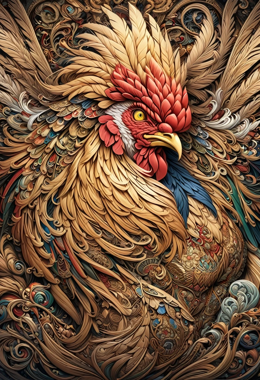a drawing of a rooster with a flower pattern on its face, Highly detailed and hypnotic, hyper detailed rooster - like face, goldenrooster, incredibly intricate, he has yellow rooster eyes, Intricately detailed fur, gallo, Intricate artwork, Highly detailed 4k art, great rooster, Highly detailed 4k art., Highly detailed symmetry, intricate detailed 4k, rooster and his treasures
