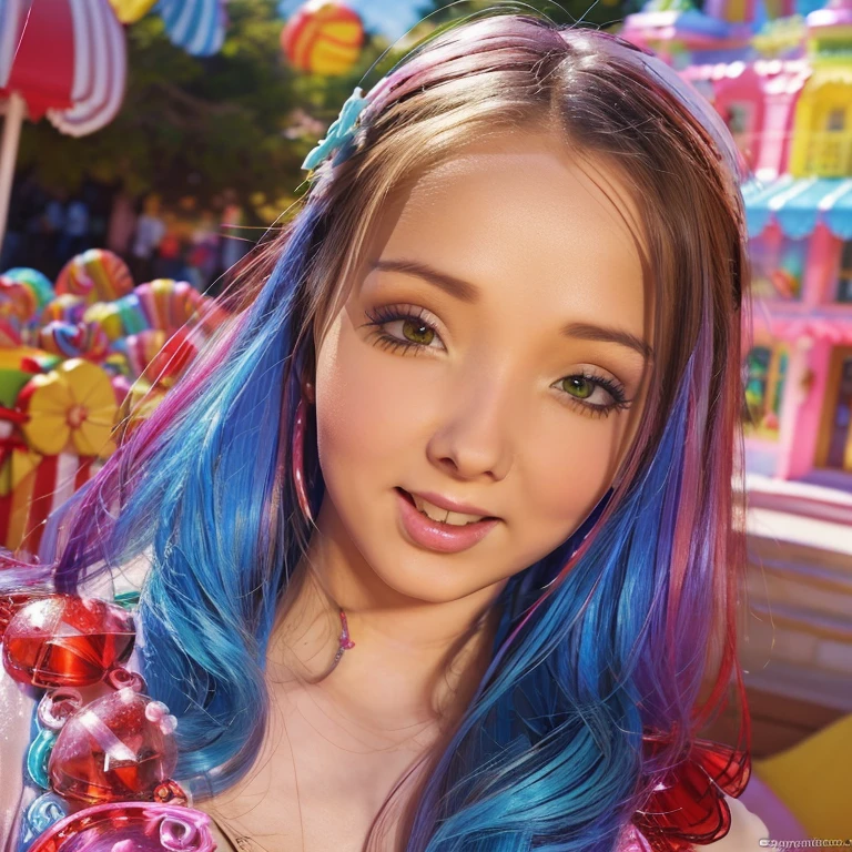 a lovely woman in candyland, 1girl, beautiful detailed eyes, beautiful detailed lips, extremely detailed face and features, smiling, happy expression, walking, cheerful, candy town, gummy bear people, candy buildings, bright colorful candy landscape, (best quality,4k,8k,highres,masterpiece:1.2),ultra-detailed,(realistic,photorealistic,photo-realistic:1.37),vivid colors,intricate details,warm lighting,candy-coated fantasy world