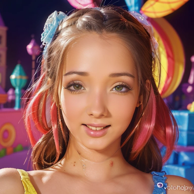 a lovely woman in candyland, 1girl, beautiful detailed eyes, beautiful detailed lips, extremely detailed face and features, smiling, happy expression, walking, cheerful, candy town, gummy bear people, candy buildings, bright colorful candy landscape, (best quality,4k,8k,highres,masterpiece:1.2),ultra-detailed,(realistic,photorealistic,photo-realistic:1.37),vivid colors,intricate details,warm lighting,candy-coated fantasy world