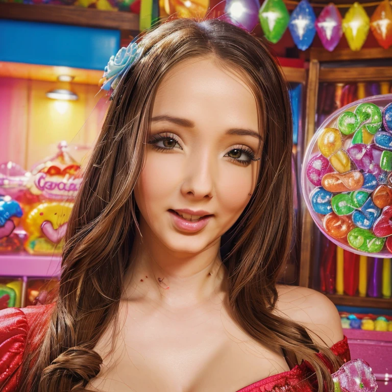 a lovely woman in candyland, 1girl, beautiful detailed eyes, beautiful detailed lips, extremely detailed face and features, smiling, happy expression, walking, cheerful, candy town, gummy bear people, candy buildings, bright colorful candy landscape, (best quality,4k,8k,highres,masterpiece:1.2),ultra-detailed,(realistic,photorealistic,photo-realistic:1.37),vivid colors,intricate details,warm lighting,candy-coated fantasy world
