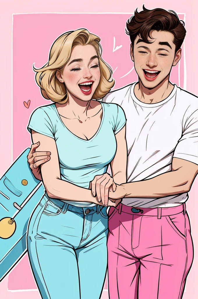 Heartwarming poster for TV show Heartstopper, featuring Nick and Charlie, central position, laughing, connecting, soft pastel background, --ar 4:3