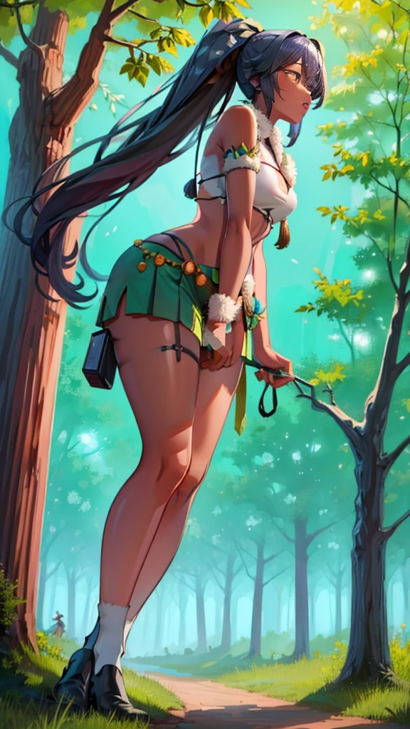 In a forest of large trees there is an even larger Amazonian giantess, with brown skin, black hair, thin, with clothes of the forest, and with very long legs, she is looking for small human invaders of the forest to destroy them so that they do not disturb the peace of the forest. Giantess, goddess, hot, black skin, tall legs, sexy, tiny people, tiny humans, crush, forest, trees, standing, group of small people, slim body