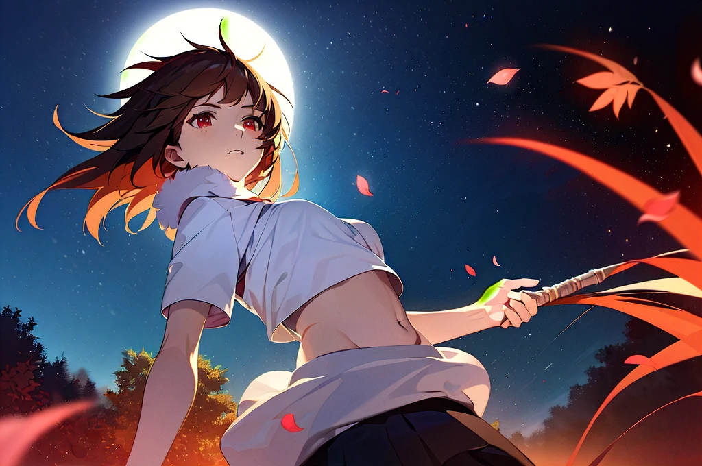 masterpiece, best quality, 8k, UHD, HDR, ultra high res, exquisitely detailed, super detailed, extremely detailed CG, ultra-detailed, best shadow, detailed background, natural lighting, dramatic lighting, high contrast, best illumination, extremely delicate and beautiful, volumetric light, ray tracing, sharp, ultra sharp, extremely sharp, realistic, photo realistic, raw photo, dynamic angle ((((1girl, black mini skirt, bloody white cloth, princessmononoke wearing a white fluffy hood)))) ((((riding on a giant shiny silver white long haired furry wolf with long tails)))) ((wolf open mouth with sharp teeth, girl leans front and carrying a long bloody sharp spear on her back, dark red mask on top of the hood)), beautiful young woman, exquisitely beautiful detailed face, exquisitely beautiful detailed eyes, ((illuminating bloody red eyes)), makeup, melancholic sadness, cute pink lips, glossy lips, timeless elegance, eyelashes, enchanting gaze, ((luminous white shiny skin, flawless white skin)), perfect body, slender and graceful figure, glowing eyes, narrow waist, slim body, small breasts, slim thighs, legs with no muscle, slim legs, rim lighting, perfect ratio, golden ratio, rule of thirds, colorful background, detailed background, colorful flames, colorful glow, colorful light particles, light rays, ((flowers, sakura, momiji, red maples, yellow maples, falling autumn leaves, many flying petals)), four seasons in one shot, four seasons special effects, trees, ((fujisan, snow mountain, big and clear moon, stars, shooting stars)), river, beautiful water reflection, stones and rocks,