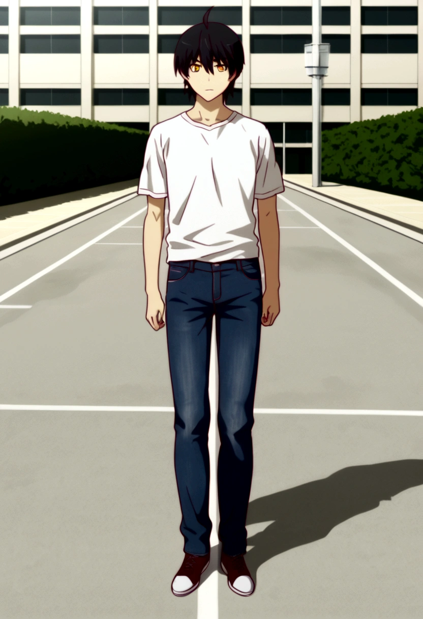 anime teen boy, yellow eyes, white shirt, black hair, jeans.