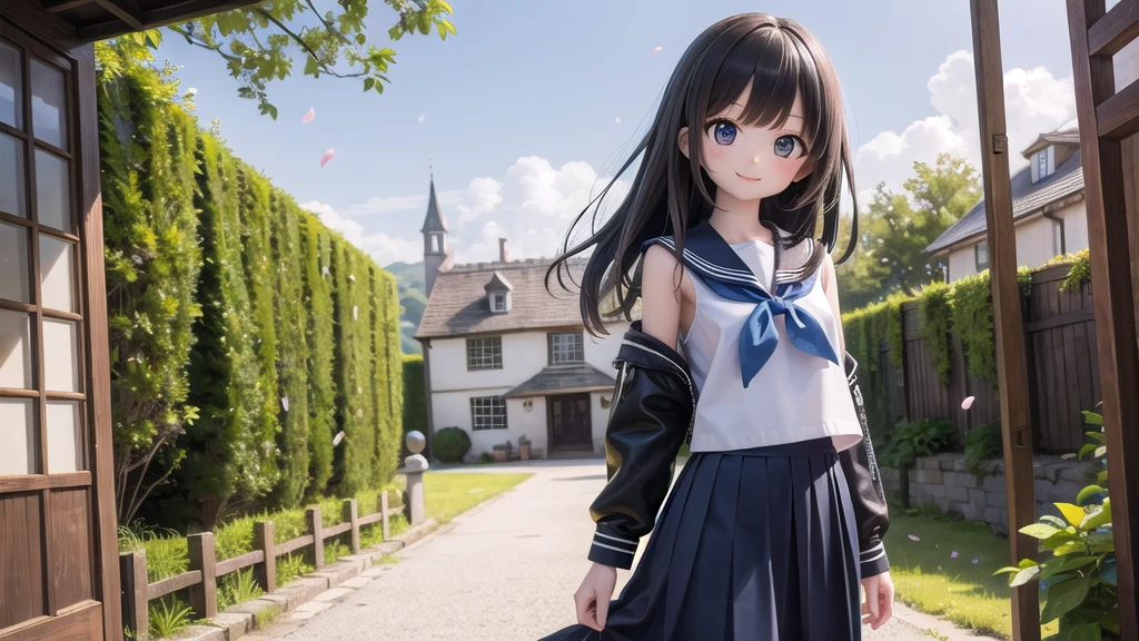 (masterpiece),  town,  blue sky,  One Girl,  smile,  alone,  Sailor suit、Long skirt,  Overgrown,  petal,  plant、Skirt lining、Translucent slip、Nostalgic
