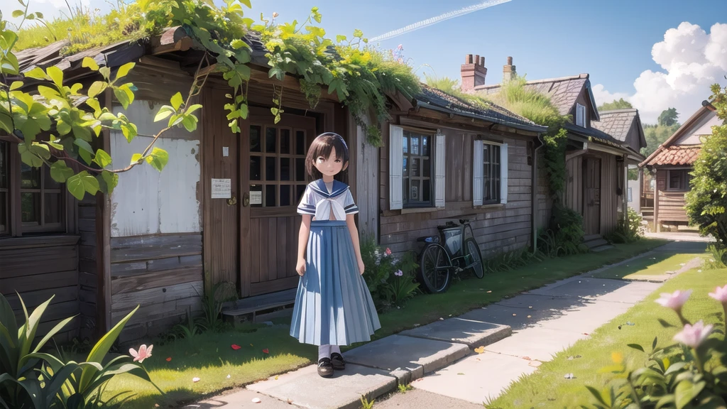 (masterpiece),  town,  blue sky,  One Girl,  smile,  alone,  Sailor suit、Long skirt,  Overgrown,  petal,  plant、Skirt lining、Translucent slip、Nostalgic