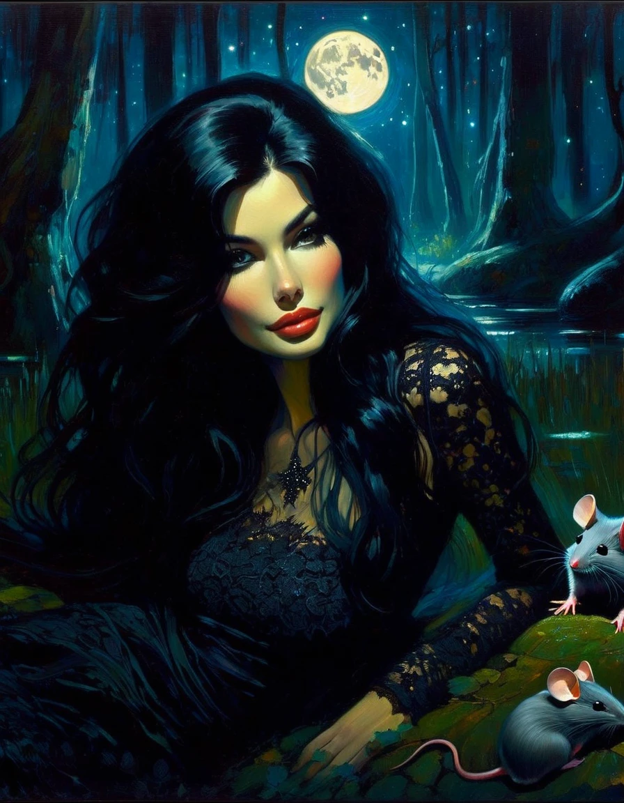 Very attractive girl with long black hair, rests by a dark swamp, with two mice next to her, friendly, magical, fantastic mice, sexy black lace dress, night sky, moon, stars, background (art inspired by Bill Sienkiewicz ). oil painting)