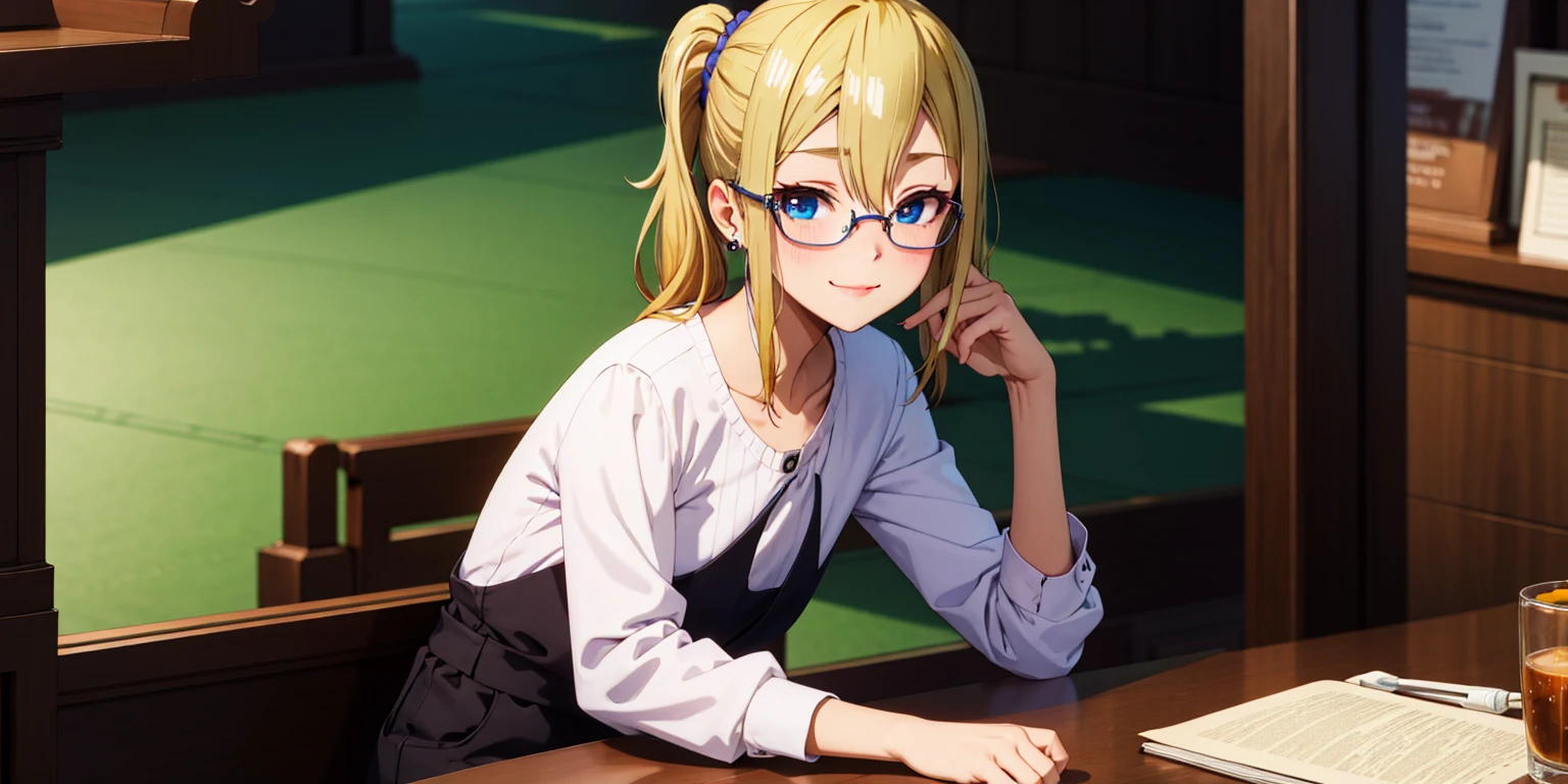 anatomically correct, best quality, masterpiece, high quality, high details, highres, HD, (shaded face:1.2), hollow eyes, dark-blue eyes, looking at viewer, seductive smile, glasses, lips, aihayasakav4, blonde hair, side ponytail, scrunchie, solo, blurry, 1girl, depth_of_field, earrings, blurry_background, small breasts, jewelry, bookshelf, red_eyes, indoors, table, sweater, solo, small_breasts, looking_at_viewer, blurry_foreground, long_sleeves, closed_mouth, bangs, blush, pantyhose, hand_on_own_cheek, sidelocks, breast_rest, ribbed_sweate, 15 years old, teen , escote muestra parte de sus pequeños pechos colgando,holgado, trasero firme