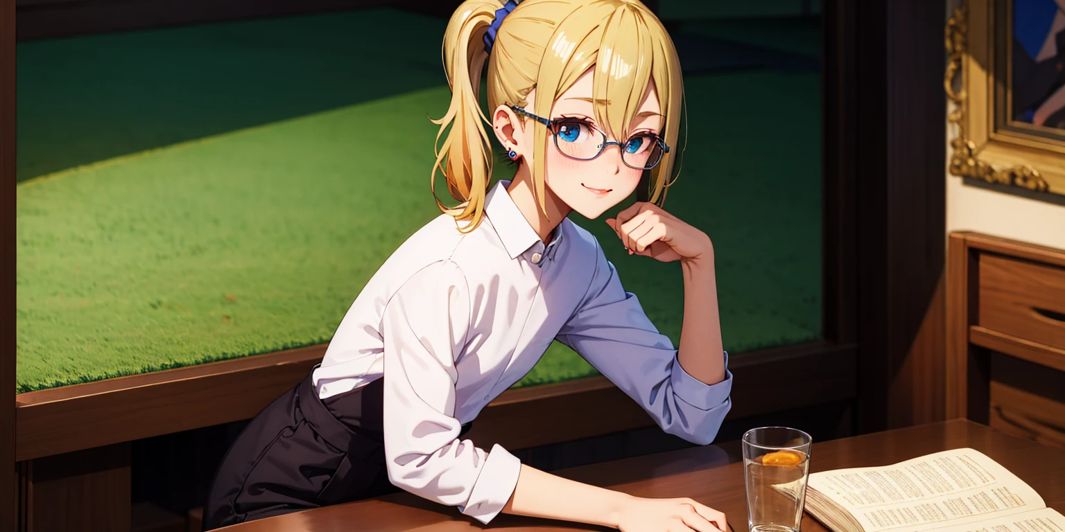 anatomically correct, best quality, masterpiece, high quality, high details, highres, HD, (shaded face:1.2), hollow eyes, dark-blue eyes, looking at viewer, seductive smile, glasses, lips, aihayasakav4, blonde hair, side ponytail, scrunchie, solo, blurry, 1girl, depth_of_field, earrings, blurry_background, small breasts, jewelry, bookshelf, red_eyes, indoors, table, sweater, solo, small_breasts, looking_at_viewer, blurry_foreground, long_sleeves, closed_mouth, bangs, blush, pantyhose, hand_on_own_cheek, sidelocks, breast_rest, ribbed_sweate, , teen , escote muestra parte de sus pequeños pechos colgando,holgado, trasero firme