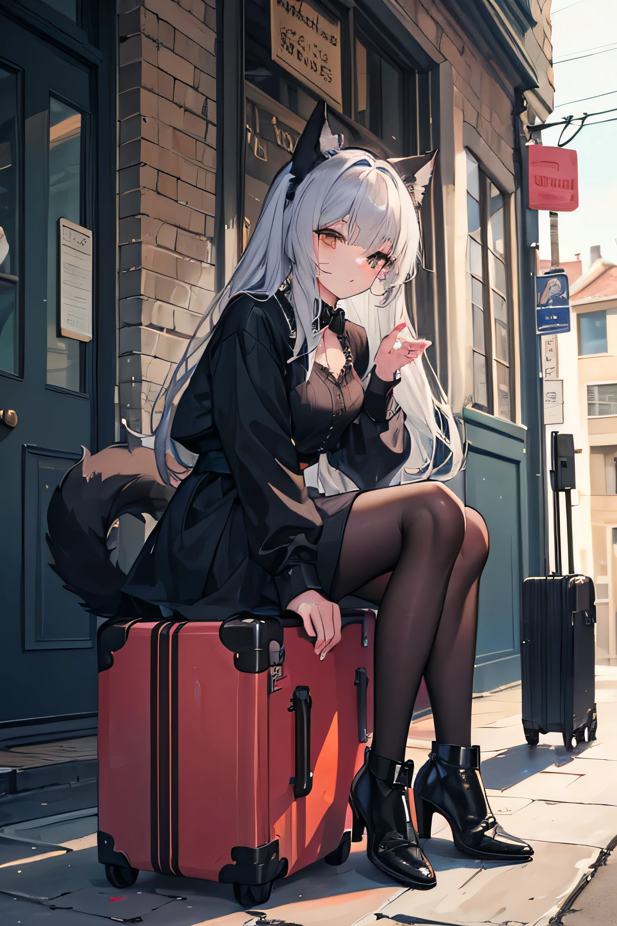Best quality,masterpiece, A young furry black cat woman in old clothes is sitting on a battered suitcase in the street