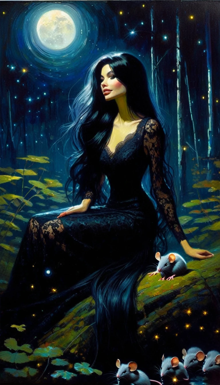 Very attractive girl with long black hair, rests by a dark swamp, with two mice next to her, friendly, magical, fantastic mice, sexy black lace dress, night sky, moon, stars, background (art inspired by Bill Sienkiewicz ). oil painting)