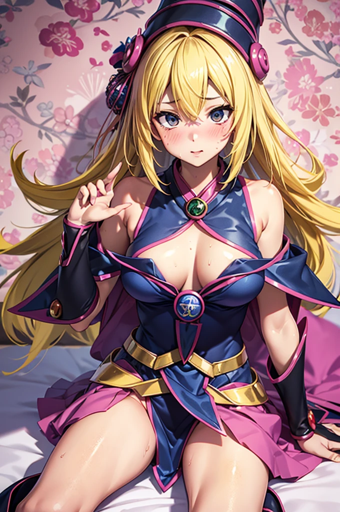 Highest quality, masterpiece, 4K, Highly detailed face, Highly detailed skin, Highly detailed wallpaper, Japanese anime, Second Dimension, Small face, Big Breasts, Normal body, Accurate body, Fine skin, Very beautiful cleavage, NSFW, whole body, One girl, Embarrassed face, On the bed, Blonde, Yu-Gi-Oh, Black Magician Girl, Sweaty, Cosplay, , mini skirt, Gestures to seduce a man, Spread your legs in an M shape