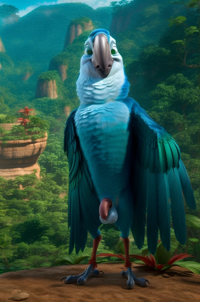 ((NSFW, sexual)), rio movie, jungle landscape, felipe a male Scarlet macaw avian, ((anthro)), human body, furry, feathered arms, ((exposing tapering penis, testicles)), standing, green eyes, smug attitude, realistic, digitigrade legs, detailed eyes