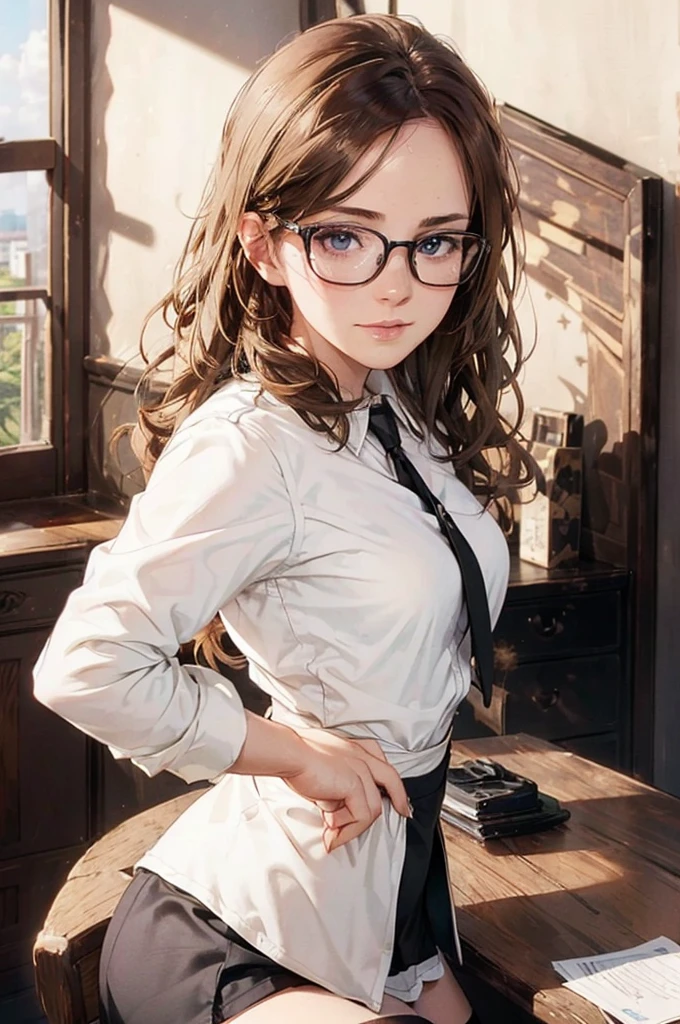 Masterpiece, 最high quality, high quality, High resolution, high quality texture, high quality shadows, High resolution, Beautiful details, Detailed CG, Detailed Texture, Realistic representation of face, Realistic, colorful, delicate, Cinematic Light, Side light, Lens flare, Ray Tracing, sharp concentrated, (1 Girl,concentrated:1.3), ( Intricate details, compensate, PureErosFaceV1:0.5), (細部まで美しいdelicateな顔, 緻密で美しいdelicateな瞳, Perfect Facial Proportions, Dense skin, Optimal ratio of four fingers to one thumb,Unified 8k wallpaper, Arms under chest, Modest chest, Wide Hips, Smooth upper abdomen, 35 years old, blue eyes, glasses, air fortress hair, blonde hair, house wife, the gaze of true love, lips of temptation, A look full of compassion ,a smile full of love, i love you, Acting lovey-dovey, I love you so much I'm crazy,

cabin attendant uniform,white blouse,tight fitting black skirt,black stockings, excellent secretary ,working as a secretary, wooden desk, wooden chair