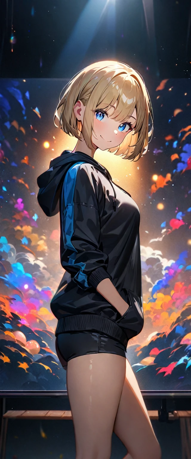(((One girl))), blond hair, bob cut, (upper body), (looking at viewer), breasts, teenager, head tilt:1.3, (((blue eye))), (from side), hand in pocket, ((happy smile)), black hoodie, black shorts, anime style, (best quality, 4k, 8k, highres, masterpiece:1.2, ultra-detailed, ultra-detailed eyes, HDR, UHD, studio lighting, ultra-fine painting, sharp focus, physically-based rendering, extreme detail description, professional, vivid colors, bokeh)