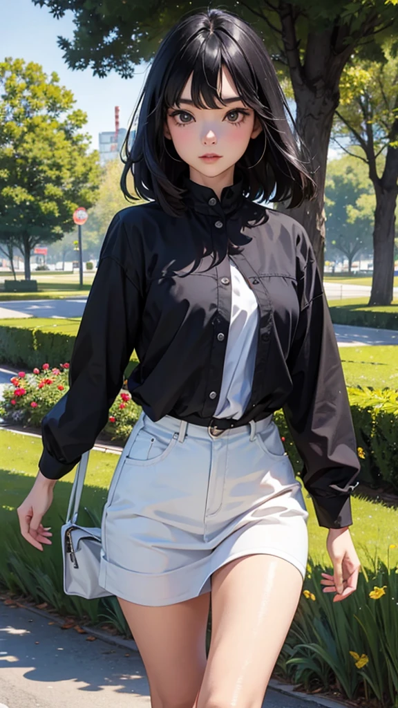 Beautiful black-haired woman walking in the park